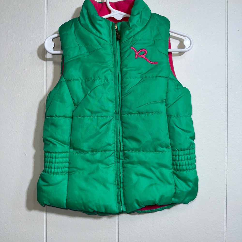 Rocawear Girls‎ Green Puffer Vest Pink Fleece Lining 3T Quilted Zip Up Mock Neck
